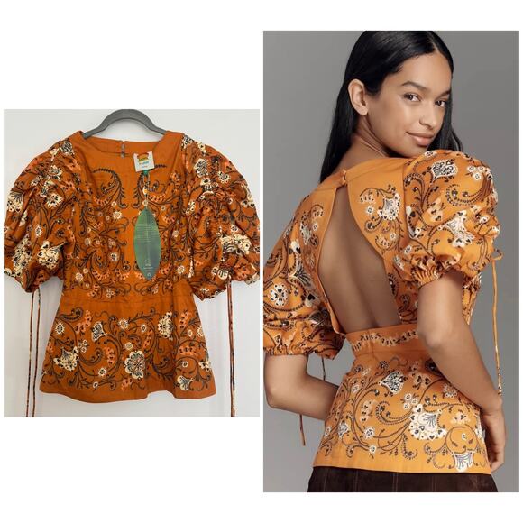 Farm Rio Short-Sleeve Ruched Blouse in Boho Heart - Picture 1 of 8